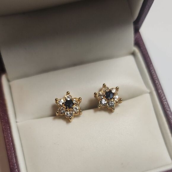 Gold Tone Floral Stud Earrings With Sapphire Center Stone Cz Clear Stones - Picture 1 of 4